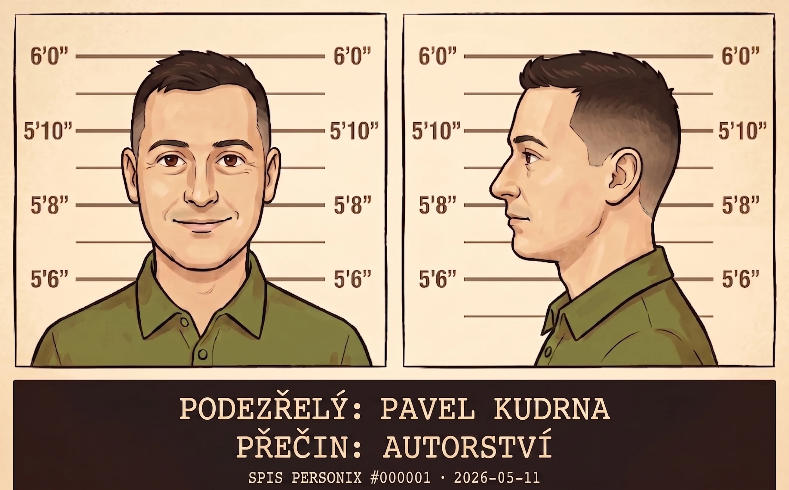 Pavel Kudrna — ilustrace ve stylu policejní fotky: PODEZŘELÝ: PAVEL KUDRNA, PŘEČIN: AUTORSTVÍ