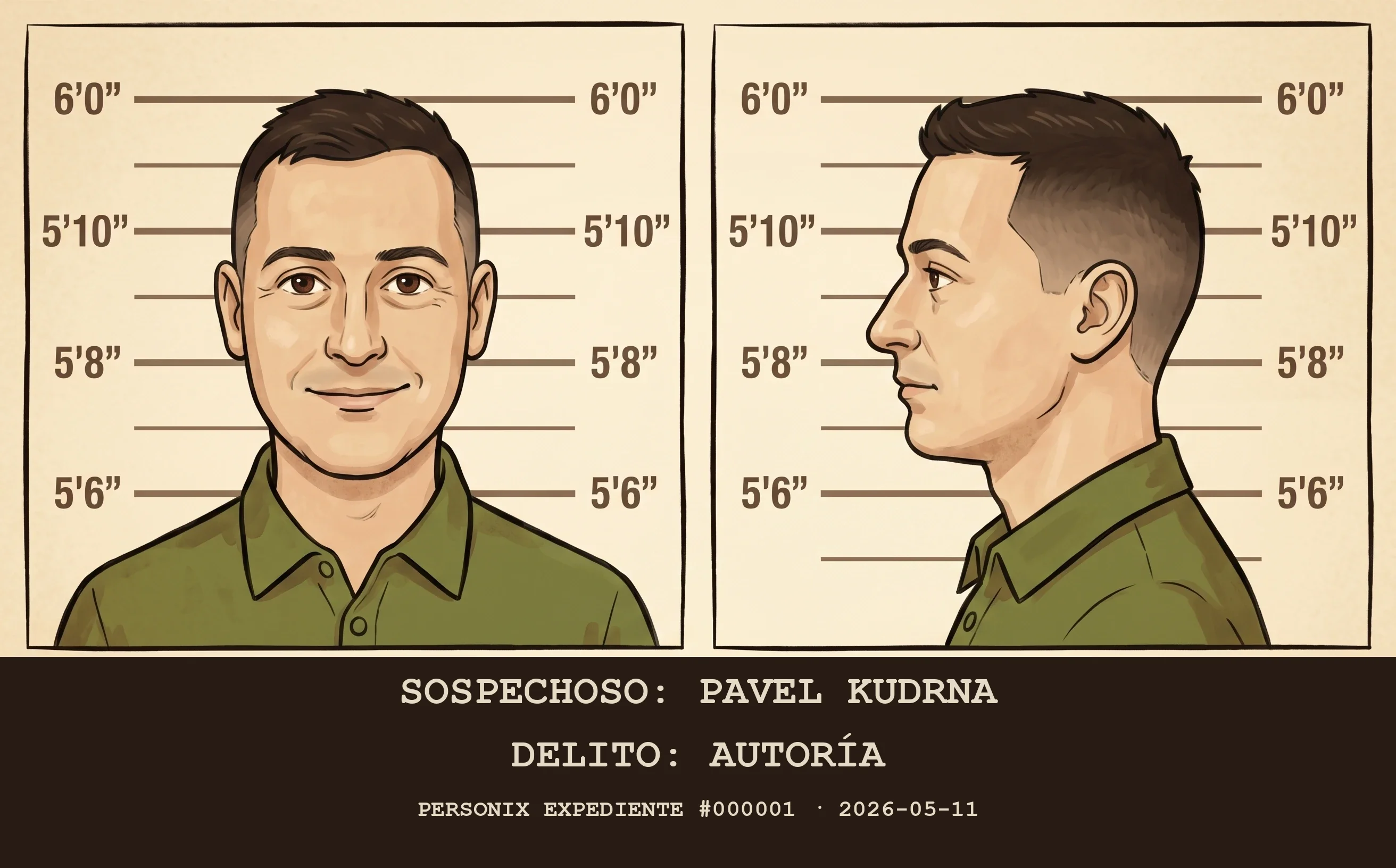 Pavel Kudrna — ilustración estilo ficha policial: SUJETO: PAVEL KUDRNA, DELITO: AUTOR