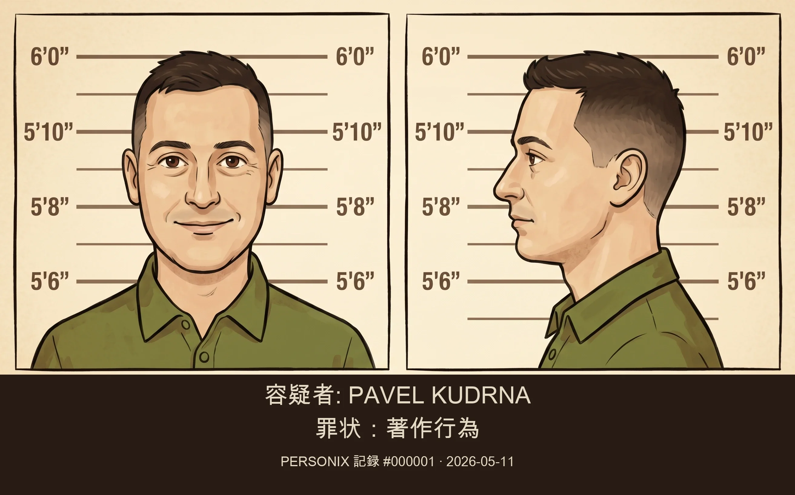 Pavel Kudrna — 顔写真風のイラスト：被疑者：PAVEL KUDRNA、罪状：著述