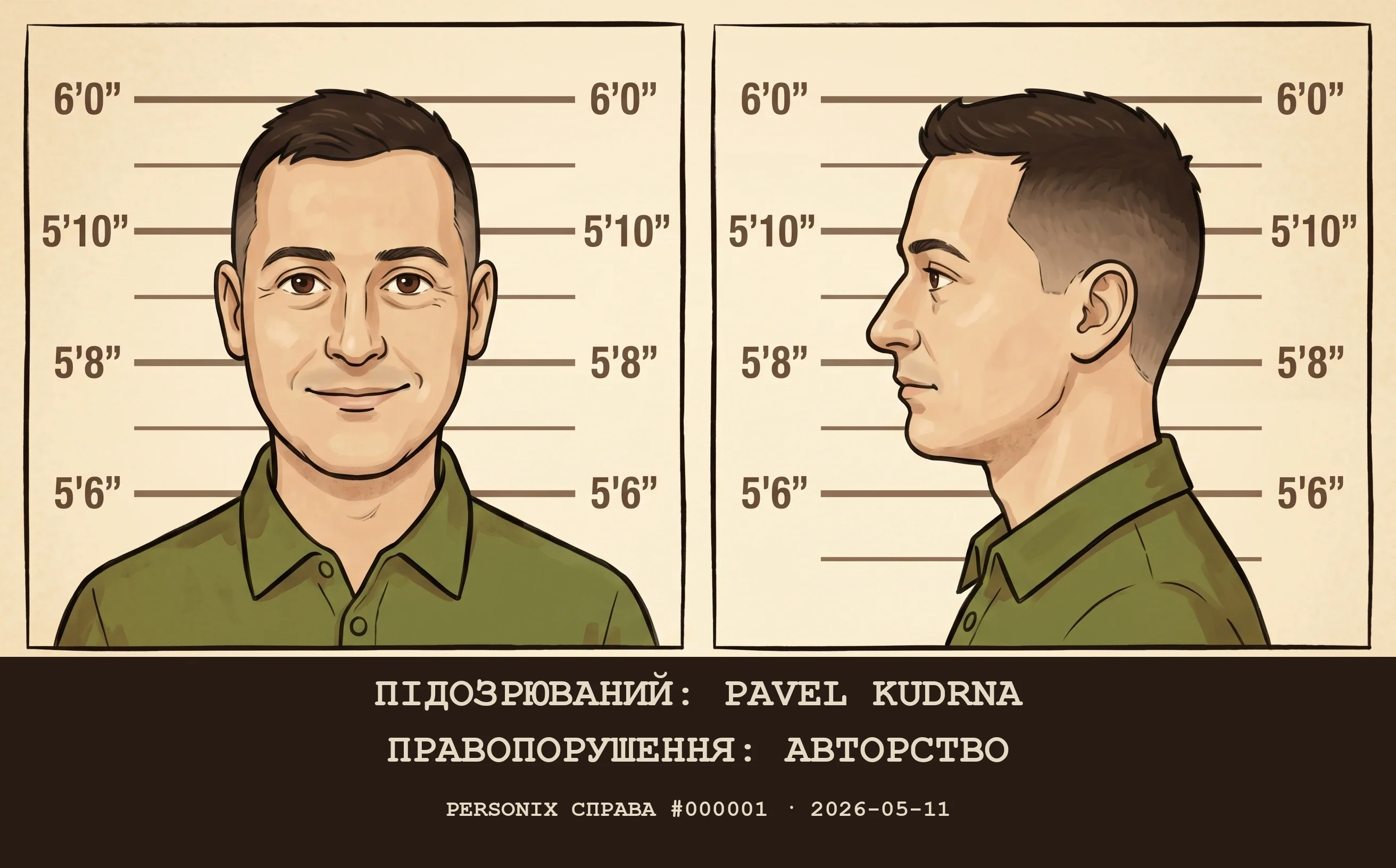 Pavel Kudrna — ілюстрація у стилі поліцейського знімка: ОБ'ЄКТ: PAVEL KUDRNA, ЗЛОЧИН: АВТОРСТВО