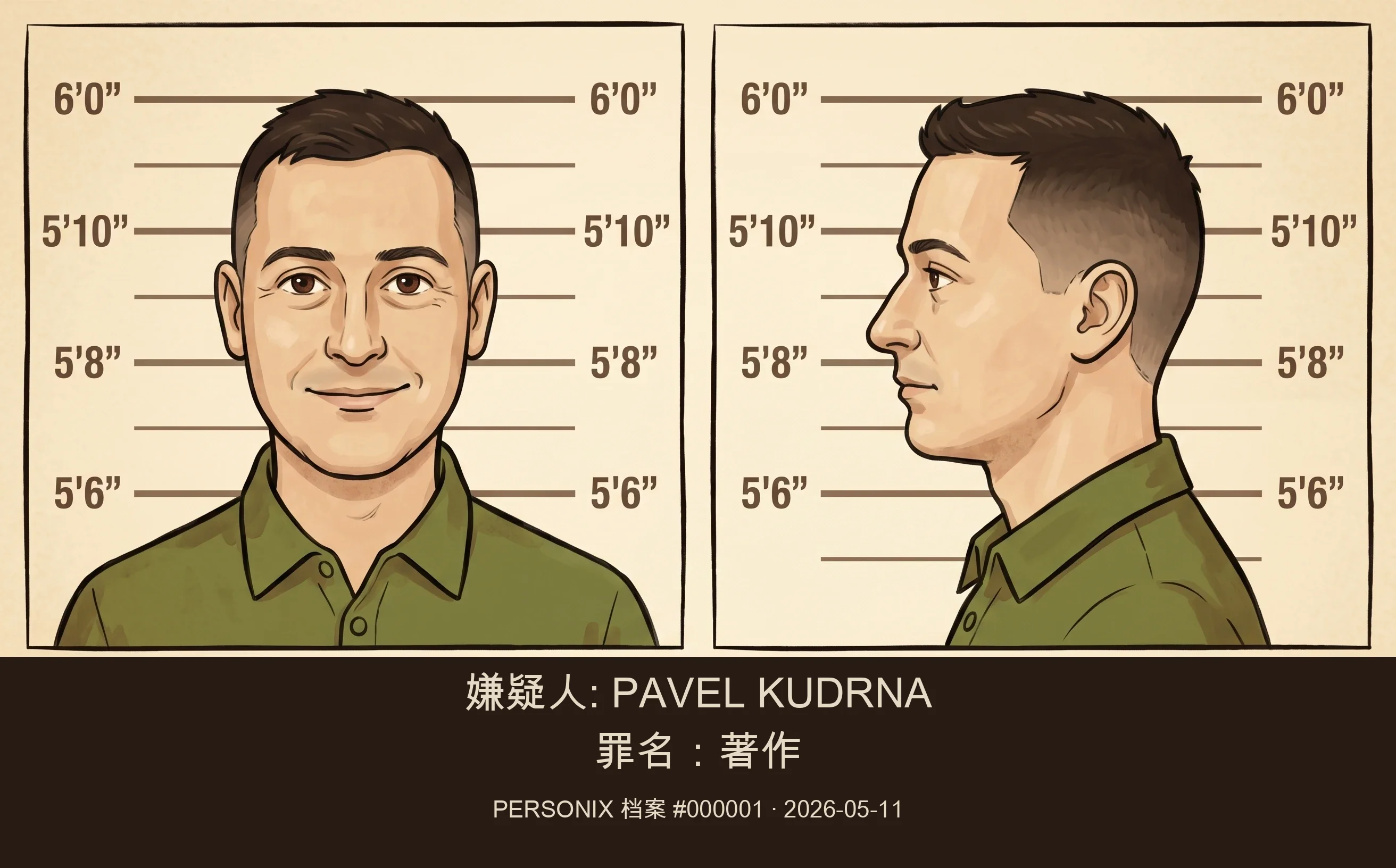 Pavel Kudrna——警方照片风格的插图:对象:PAVEL KUDRNA,罪名:作者