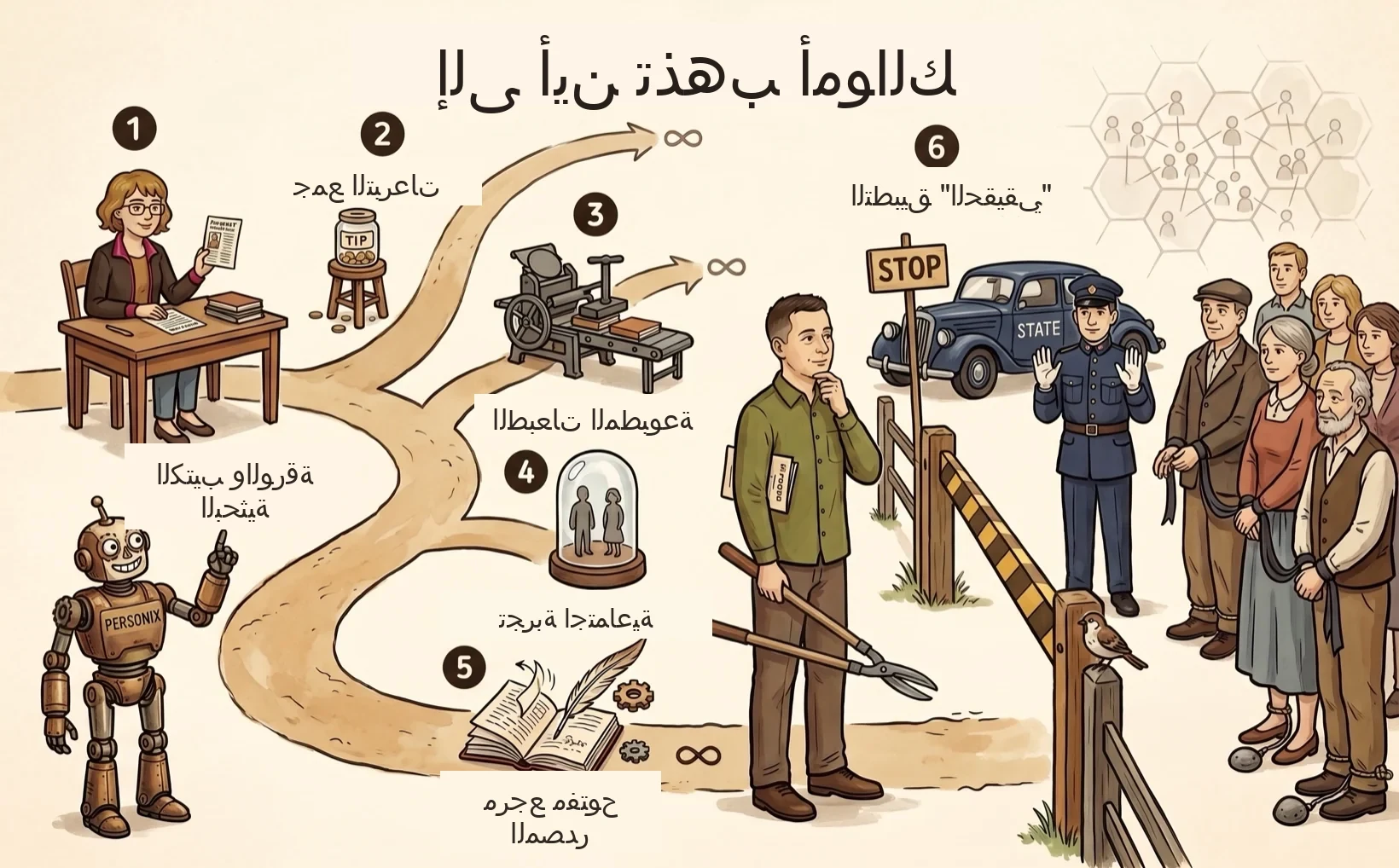 خط زمني مصوّر لمراحل مشروع Personix — Kamila و Personix يسيران عبر ست مراحل من الكرّاس إلى تطبيق مأمول.