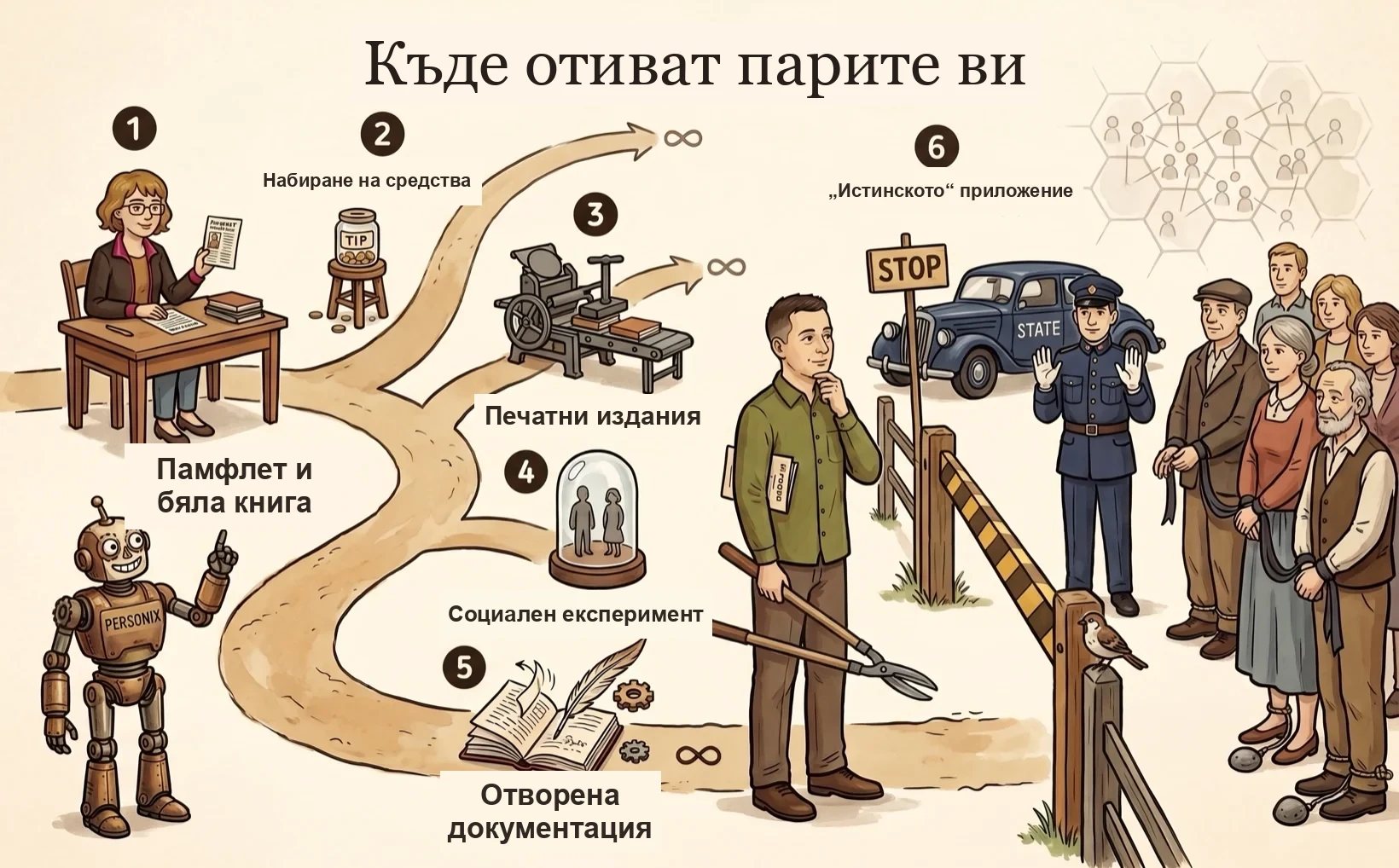 Илюстрирана времева линия на фазите на проекта Personix — Kamila и Personix преминават през шест етапа от памфлета до една желана приложение.