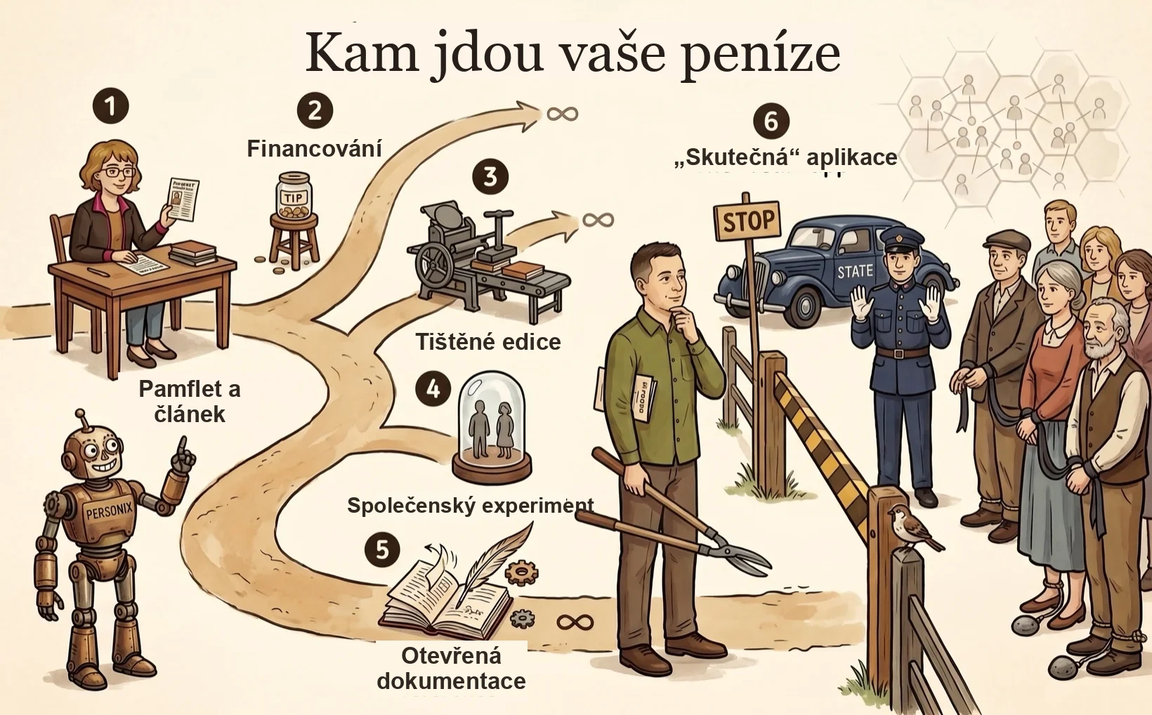 Ilustrovaná časová osa fází projektu Personix — Kamila a Personix procházejí šesti fázemi od pamfletu k vytoužené aplikaci.