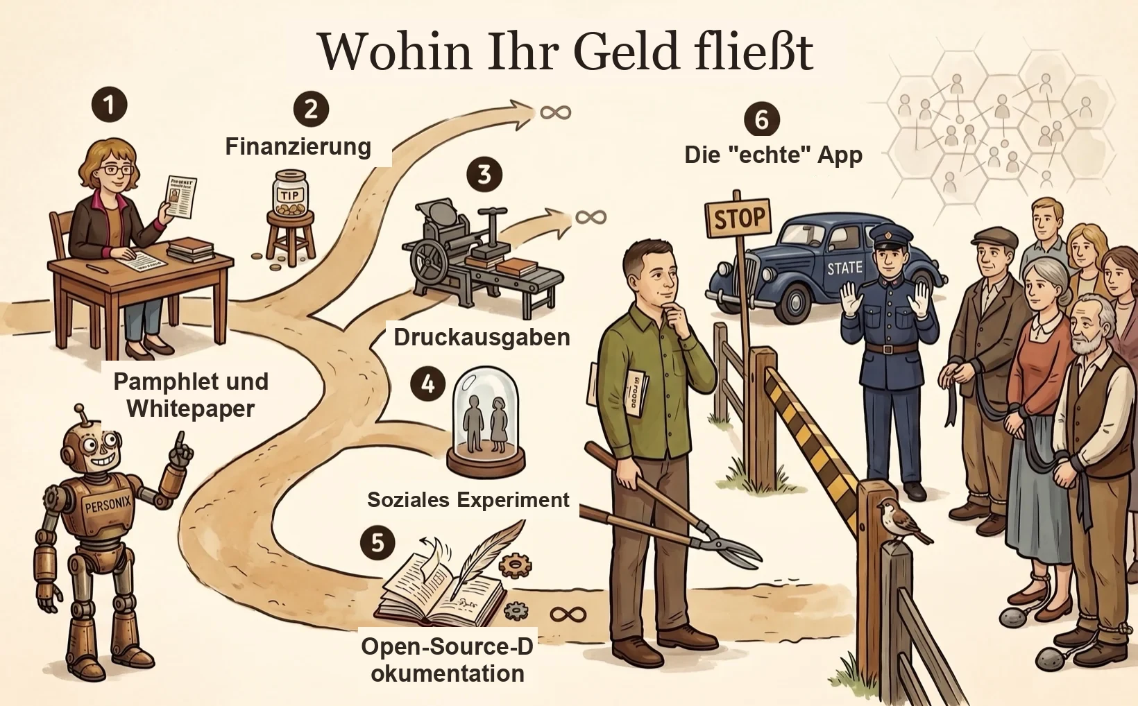 Illustrierte Zeitleiste der Phasen des Personix-Projekts — Kamila und Personix durchlaufen sechs Etappen vom Pamphlet bis zu einer erhofften Anwendung.
