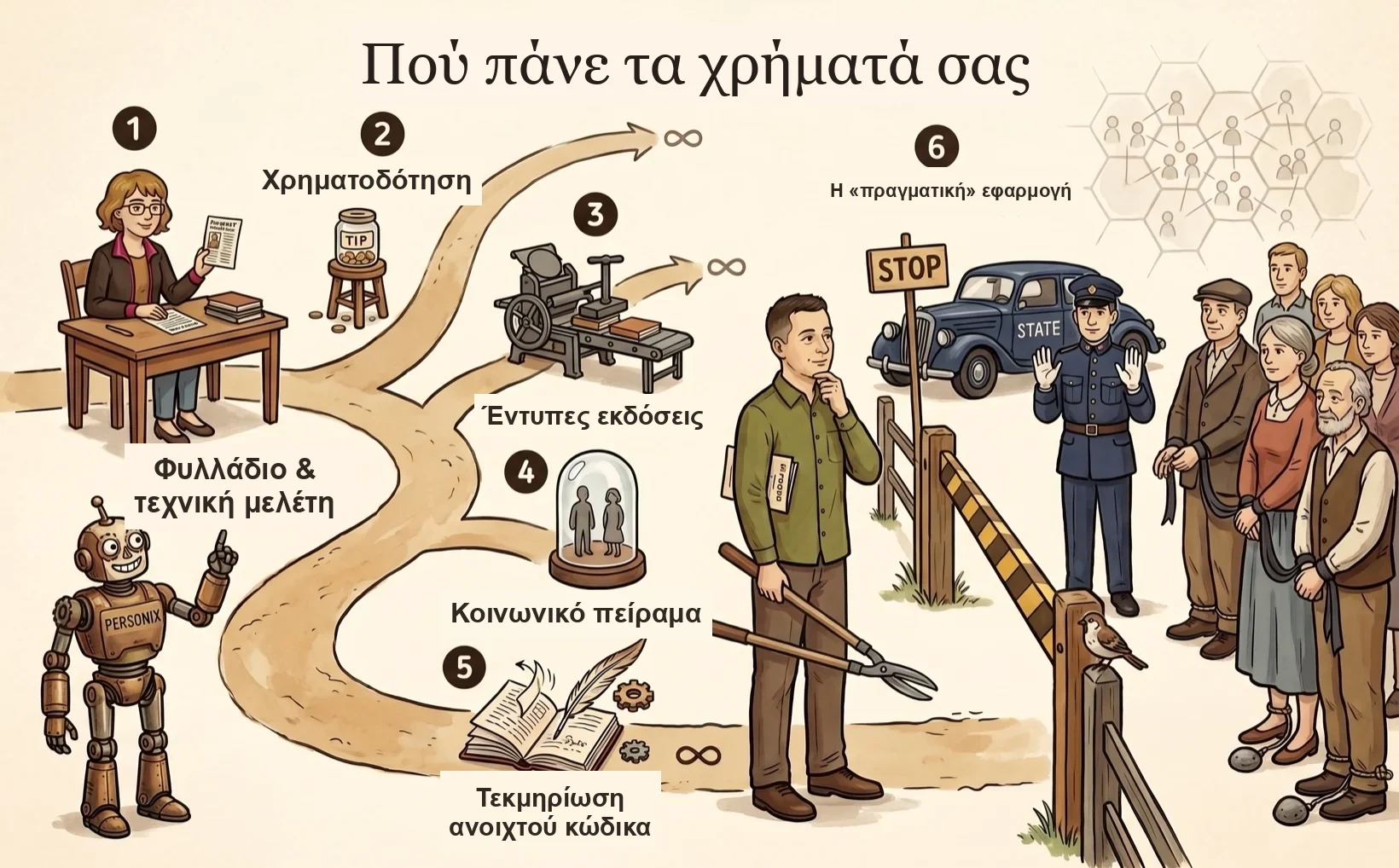 Εικονογραφημένο χρονοδιάγραμμα των φάσεων του έργου Personix — η Kamila και το Personix περπατούν μέσα από έξι στάδια από το φυλλάδιο έως μια πολυπόθητη εφαρμογή.