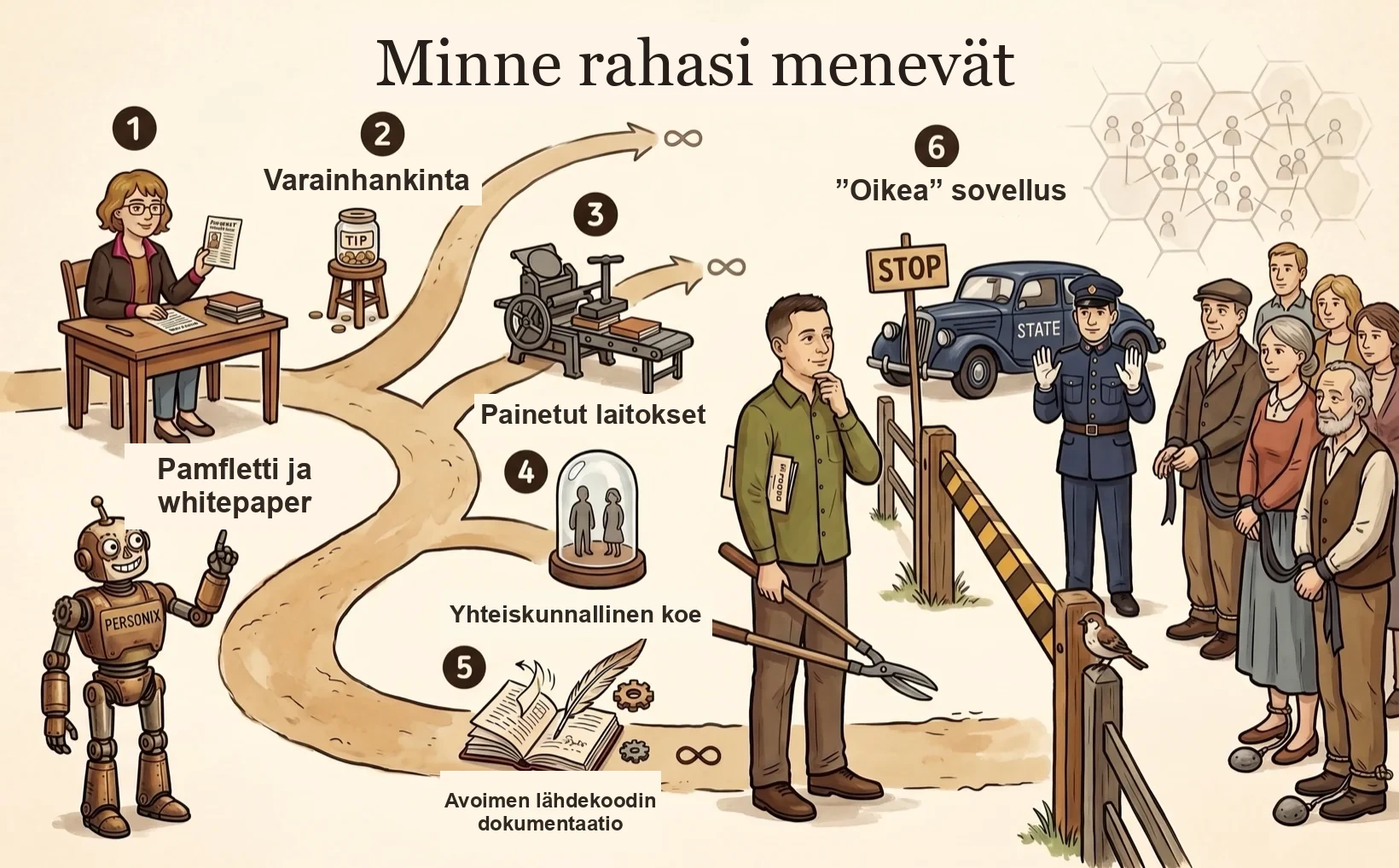 Kuvitettu aikajana Personix-hankkeen vaiheista — Kamila ja Personix kulkevat kuuden vaiheen läpi pamfletista toivottuun sovellukseen.