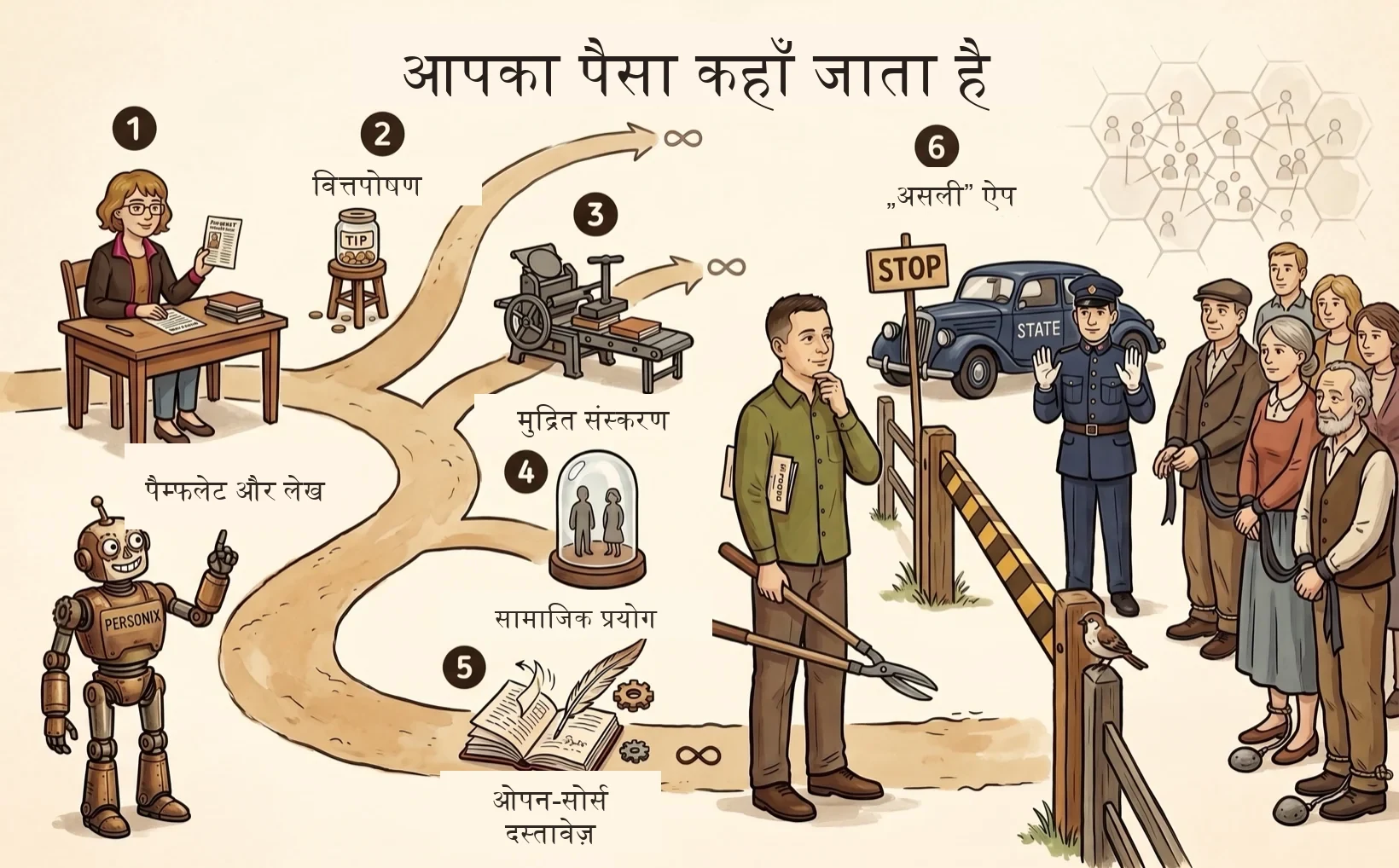 Personix परियोजना के चरणों की सचित्र समयरेखा — Kamila और Personix पैम्फलेट से लेकर एक आशित अनुप्रयोग तक छह चरणों से गुज़रते हुए.