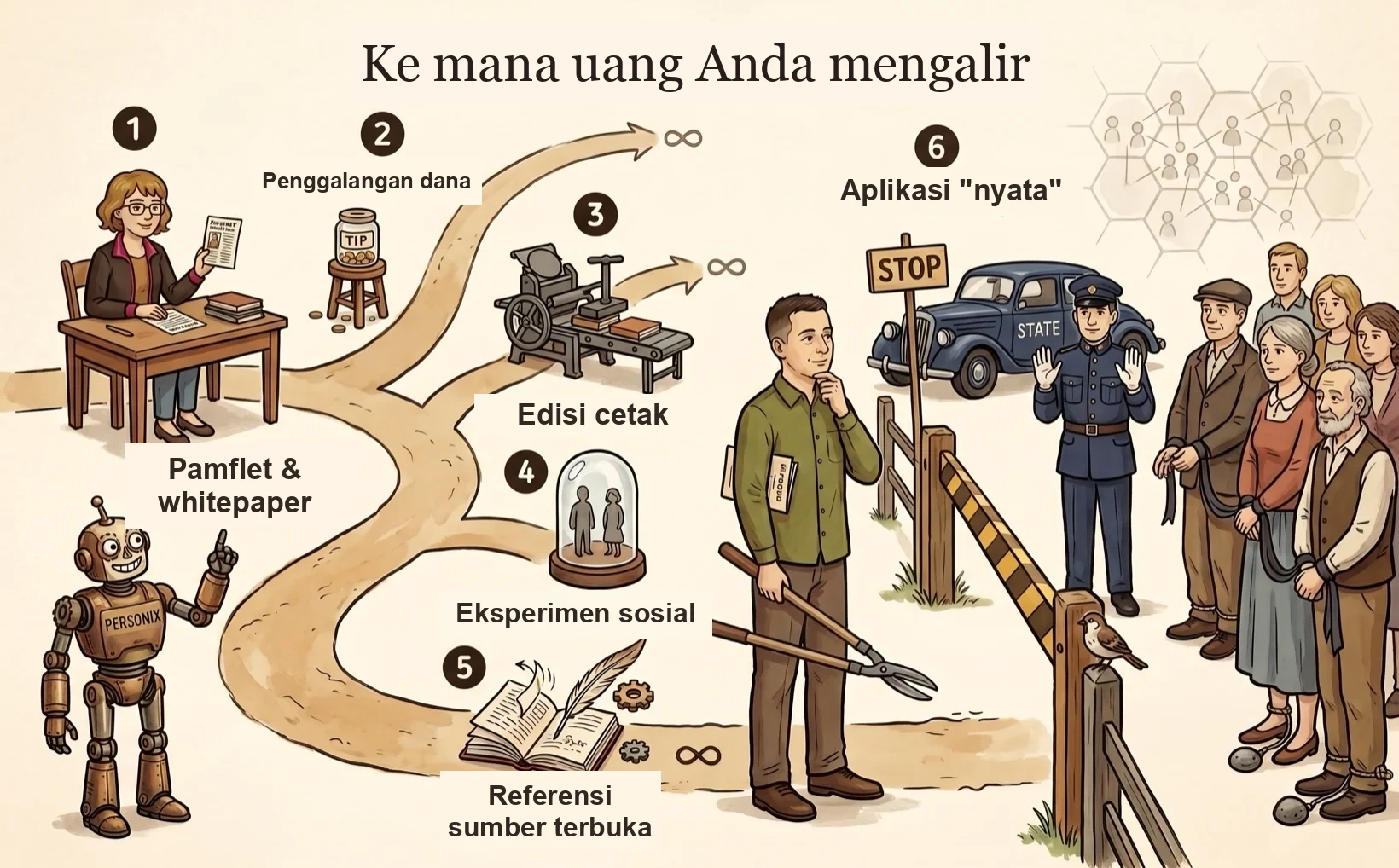 Lini masa berilustrasi dari fase-fase proyek Personix — Kamila dan Personix berjalan melalui enam tahap dari pamflet menuju aplikasi yang diharapkan.