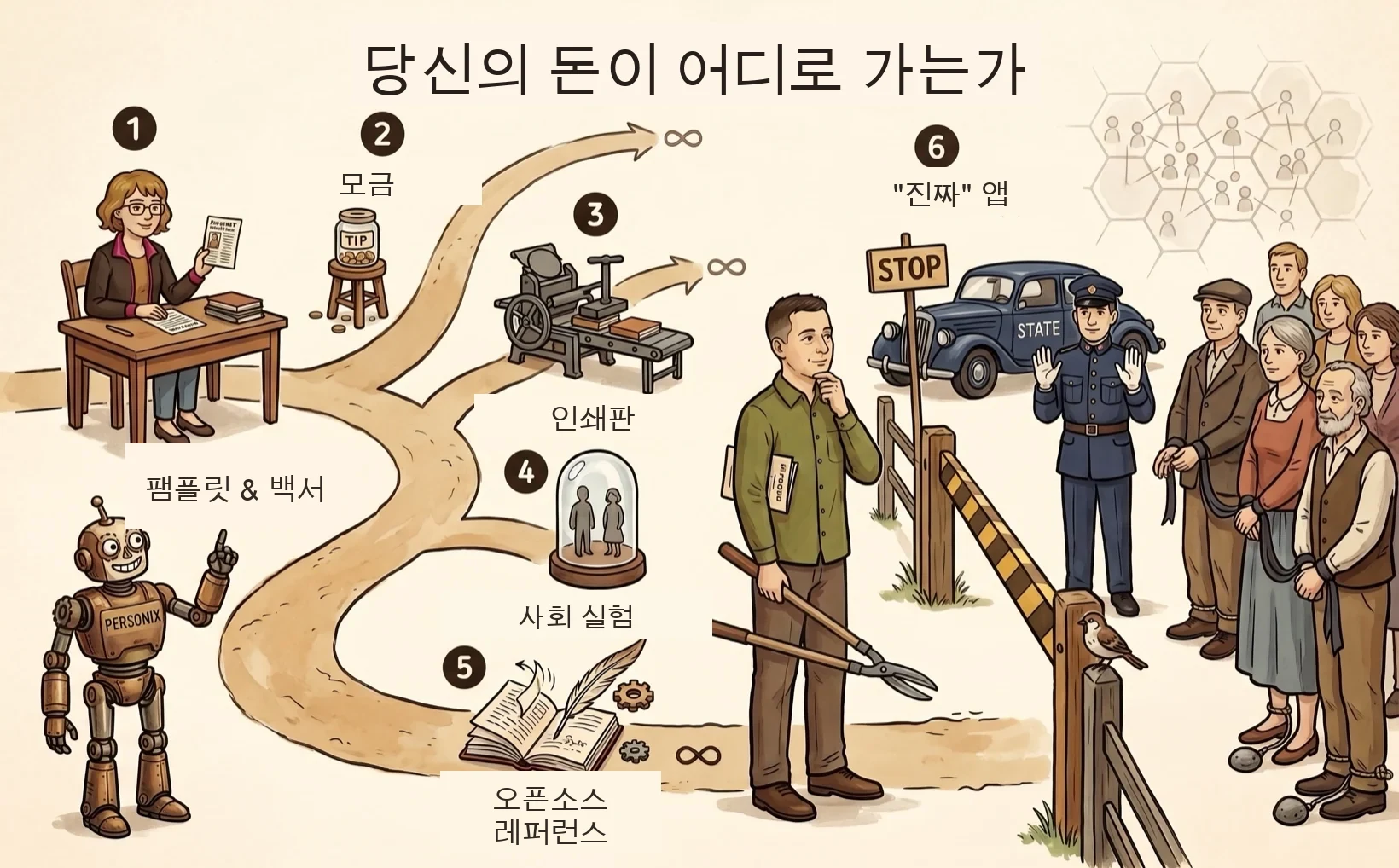 Personix 프로젝트 단계의 삽화 타임라인 — Kamila와 Personix가 팸플릿에서 바라던 애플리케이션까지 여섯 단계를 걸어가고 있습니다.