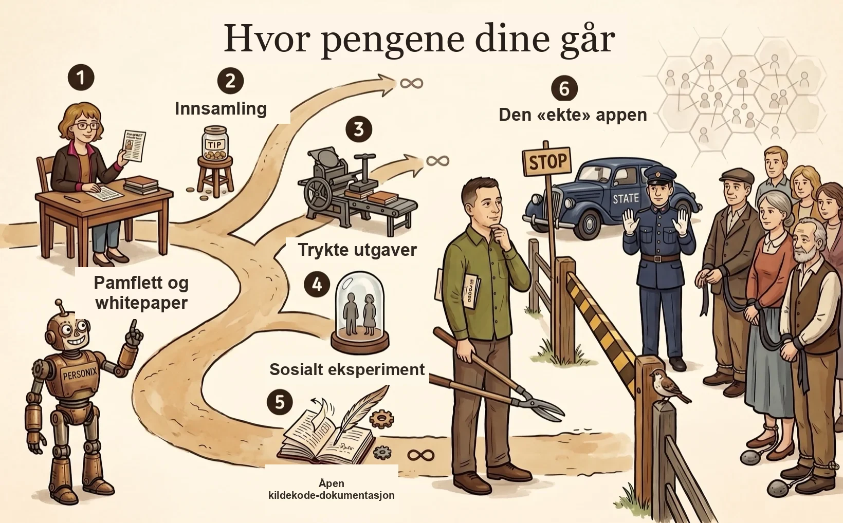 Illustrert tidslinje over fasene i Personix-prosjektet — Kamila og Personix går gjennom seks faser fra pamflett til en etterlengtet applikasjon.