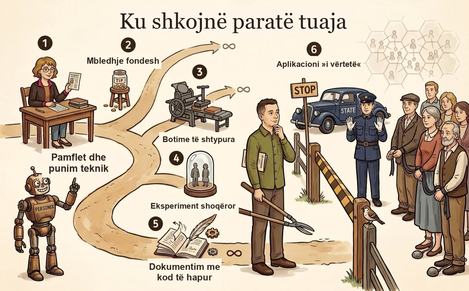 Kronologji e ilustruar e fazave të projektit Personix — Kamila dhe Personix ecin nëpër gjashtë faza nga pamfleti deri te një aplikacion i shpresuar.