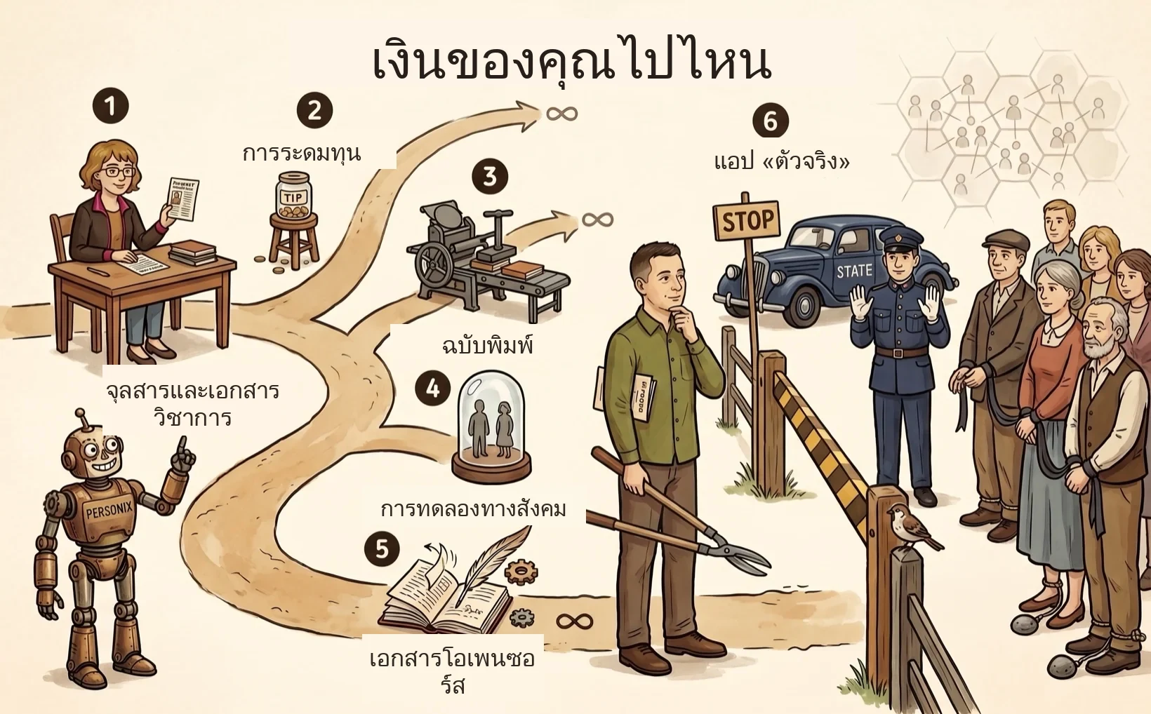 เส้นเวลาพร้อมภาพประกอบของระยะต่างๆ ของโครงการ Personix — Kamila และ Personix เดินผ่านหกระยะจากแผ่นพับสู่แอปพลิเคชันที่หวังไว้