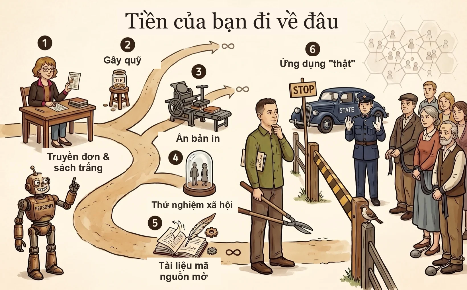 Dòng thời gian minh họa các giai đoạn của dự án Personix — Kamila và Personix bước qua sáu chặng từ cuốn sách nhỏ đến một ứng dụng được kỳ vọng.